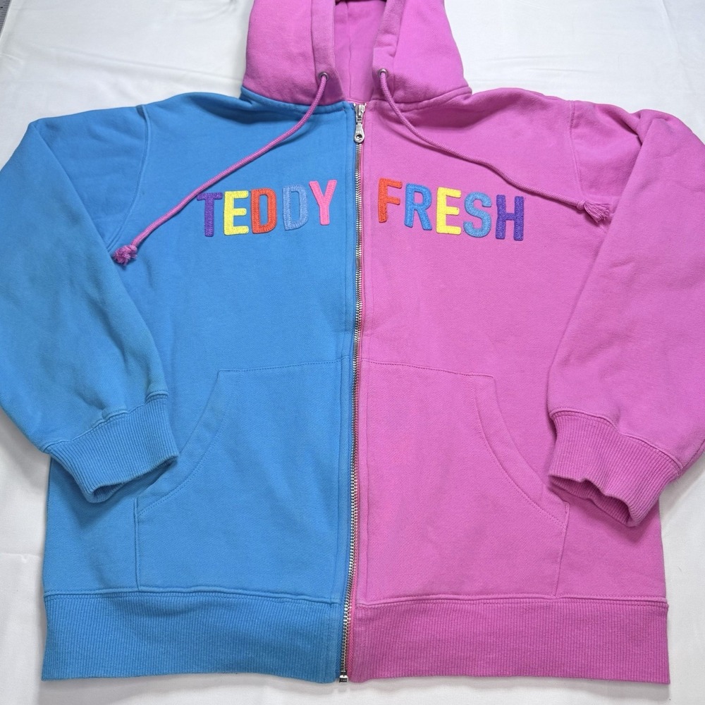 Teddy Fresh Men S Split Zip Hoodie Pink Blue Colorblock Logo Cotton Multicolor